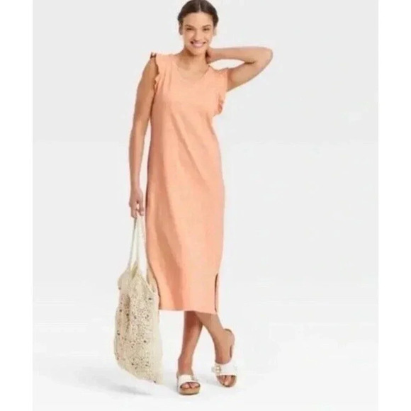 Universal‎ Thread Dress Coral Orange Ruffle Tank Midi Sleeveless NWT Large - Picture 1 of 7